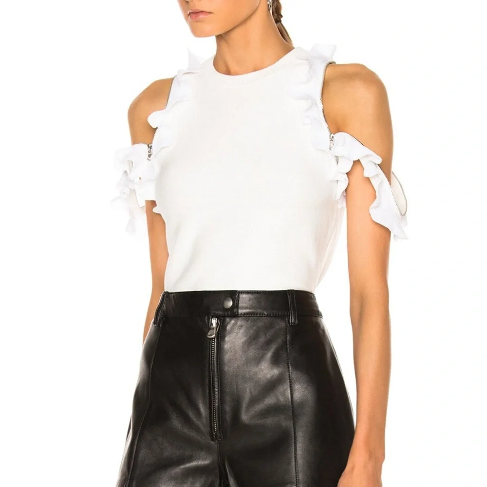 3.1 Phillip Lim Ruffle Knit Crop Top with Ruffle Zipper Detail in Black